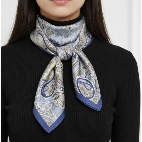 ⭐Elegant Bandana Square Scarf Silky Satin Soft Blue Silver Versatile Paisley - Picture 1 of 8